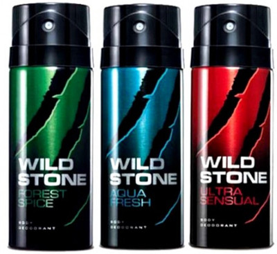 

Wild Stone aqua fresh each ultra sensual & forest spice Deodorant Spray - For Men(450 ml, Pack of 3)