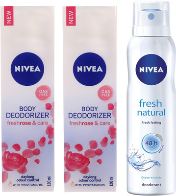 

Nivea Rose & Care Body Deodoriser & Fresh Natural Deodorant Combo - Pack of 3 Body Spray - For Women(450 ml, Pack of 3)