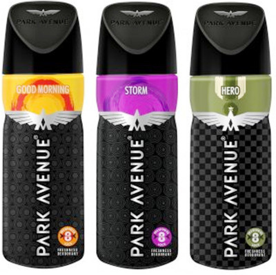 

Park Avenue Good Morning, Storm & Hero Pack of 3 Deodorant Spray - For Men(450 ml, Pack of 3)