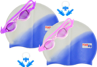 

MattZig Zigsy (Two Swimming Caps + Two Swimming Goggles + Two Nose Clips + Two Pairs of Ear Plugs) Swimming Kit