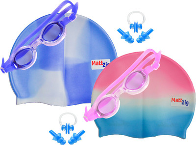 MattZig Zigsy (Two Swimming Caps + Two Swimming Goggles + Two Nose Clips + Two Pairs of Ear Plugs) Swimming Kit