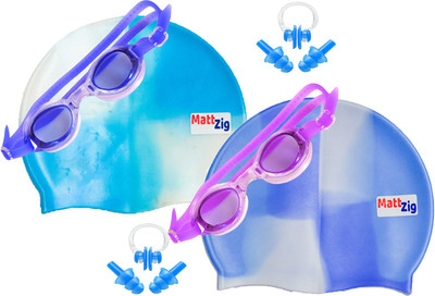 MattZig Zigsy (Two Swimming Caps + Two Swimming Goggles + Two Nose Clips + Two Pairs of Ear Plugs) Swimming Kit