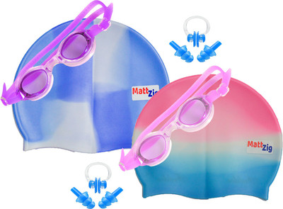 MattZig Zigsy (Two Swimming Caps + Two Swimming Goggles + Two Nose Clips + Two Pairs of Ear Plugs) Swimming Kit
