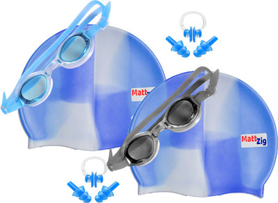 MattZig Zigsy (Two Swimming Caps + Two Swimming Goggles + Two Nose Clips + Two Pairs of Ear Plugs) Swimming Kit