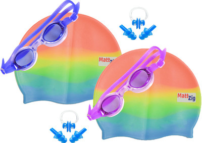 

MattZig Zigsy (Two Swimming Caps + Two Swimming Goggles + Two Nose Clips + Two Pairs of Ear Plugs) Swimming Kit
