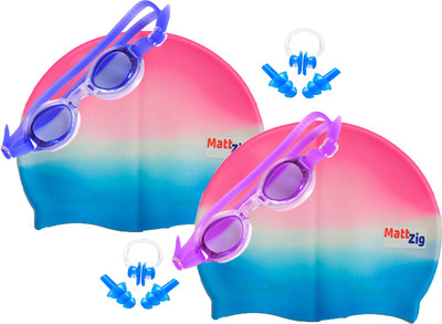 MattZig Zigsy (Two Swimming Caps + Two Swimming Goggles + Two Nose Clips + Two Pairs of Ear Plugs) Swimming Kit