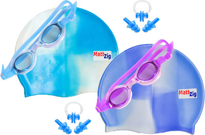 MattZig Zigsy (Two Swimming Caps + Two Swimming Goggles + Two Nose Clips + Two Pairs of Ear Plugs) Swimming Kit