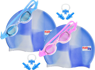 

MattZig Zigsy (Two Swimming Caps + Two Swimming Goggles + Two Nose Clips + Two Pairs of Ear Plugs) Swimming Kit