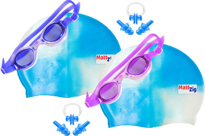 MattZig Zigsy (Two Swimming Caps + Two Swimming Goggles + Two Nose Clips + Two Pairs of Ear Plugs) Swimming Kit