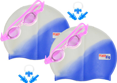 MattZig Zigsy (Two Swimming Caps + Two Swimming Goggles + Two Nose Clips + Two Pairs of Ear Plugs) Swimming Kit