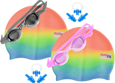

MattZig Zigsy (Two Swimming Caps + Two Swimming Goggles + Two Nose Clips + Two Pairs of Ear Plugs) Swimming Kit