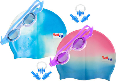 MattZig Zigsy (Two Swimming Caps + Two Swimming Goggles + Two Nose Clips + Two Pairs of Ear Plugs) Swimming Kit