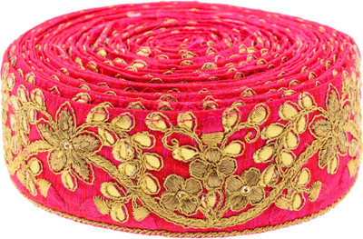 

Fabric and Lace LC1008 Pink and Gold Color Machine Made floral Embroidery Lace Reel(Pack of 1)