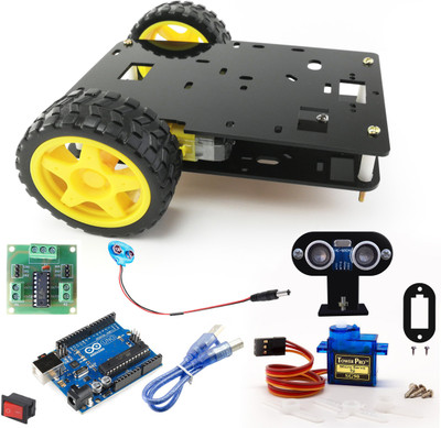 

Kit4Curious 2 WD DIY Arduino Robot complete Kit with ultrasonic, servo, motor driver, Arduino, Motor, Wheel for DIY Robotics(Black)