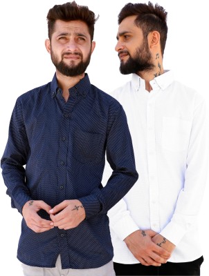 REBANTA Men Polka Print Formal Dark Blue, White Shirt(Pack of 2)