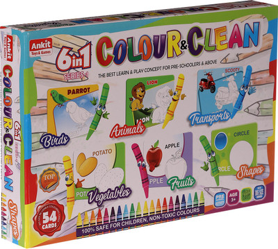 

Ankit 6 in 1 Colour n Clean (Birds, Animals, Modes of Transport, Vegetables, Fruits and Shapes) Board Game