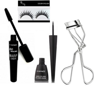 

9 to 5 eyelashes , Mac Liquid Eyeliner & 180 Warp Length Mascara with eyelash curler(Set of 4)