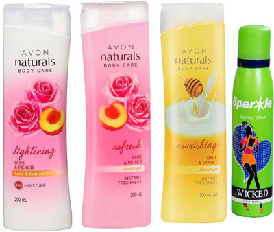 

Avon Anew Naturals Body Care Rose & Peach hand & body lotion (200 ml) & one Naturals Body care Rose & Peach Shower Gel (200 ml) & one Naturals Body Care Nourishing Milk & Honey Shower Gel (200 ml) With one sparkle perfume spray 150 ml(Set of 4)