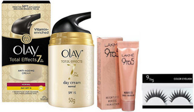 

9 to 5 Eyelashes , Olay Imported 7-in-1 Anti Aging Day Cream 50 gm with lakme weightless mousse foundation(Set of 3)
