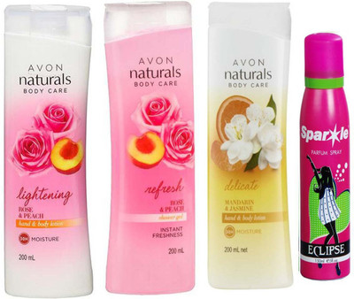 

Avon Anew Naturals Body Care Rose & Peach hand & body lotion (200 ml) & one Naturals Body care Rose & Peach Shower Gel (200 ml) & one Naturals mandarin & jasmine body lotion (200 ml) With one sparkle perfume spray 150 ml(Set of 4)