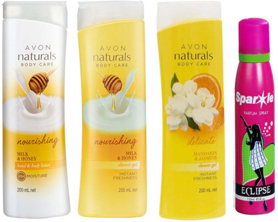 

Avon Anew Nourishing Milk And Honey Hand And Body Lotion (200 ml) & one Naturals Body Care Nourishing Milk & Honey Shower Gel (200 ml) & one Naturals mandarin & jasmine shower gel (200 ml) With one sparkle perfume spray 150 ml(Set of 4)