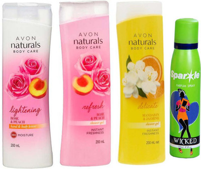 

Avon Anew Naturals Body Care Rose & Peach hand & body lotion (200 ml) & one Naturals Body care Rose & Peach Shower Gel (200 ml) & one Naturals mandarin & jasmine shower gel (200 ml) With one sparkle perfume spray 150 ml(Set of 4)