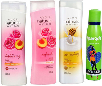 

Avon Anew Naturals Body Care Rose & Peach hand & body lotion (200 ml) & one Naturals Body care Rose & Peach Shower Gel (200 ml) & one Naturals Milk & Honey Hand & Body Lotion (200 ml) With one sparkle perfume spray 150 ml(Set of 4)