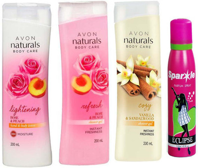 

Avon Anew Avon Naturals Body Care Rose & Peach hand & body lotion (200 ml) & one Naturals Body care Rose & Peach Shower Gel (200 ml) & one vallina and sandalwood shower gel 200 ml With one sparkle perfume spray 150 ml(Set of 4)