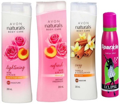 

Avon Anew Naturals Body Care Rose & Peach hand & body lotion (200 ml) & one Naturals Body care Rose & Peach Shower Gel (200 ml) & one vallina and sandalwood hand and body lotion 200 ml With one sparkle perfume spray 150 ml(Set of 4)
