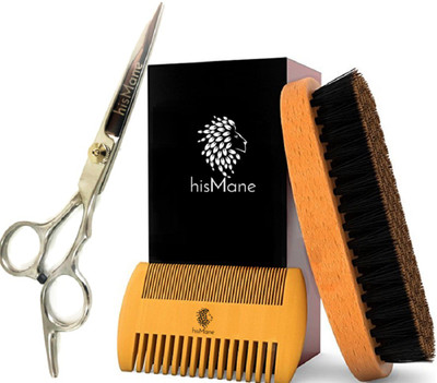 

hisMane Beard & Mustache Brush, Comb, Scissors & Travel Bag Kit - 100% Boar Bristle Beard Brush, Wooden Grooming Comb, Professional Scissors - Facial Hair Care Gift Set for Men - For Applying Beard Oil & Wax for Styling, Growth & Maintenance(Set of 4)
