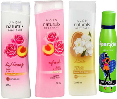 

Avon Anew Naturals Body Care Rose & Peach hand & body lotion (200 ml) & one Naturals Body care Rose & Peach Shower Gel (200 ml) & one Naturals mandarin & jasmine body lotion (200 ml) With one sparkle perfume spray 150 ml(Set of 4)