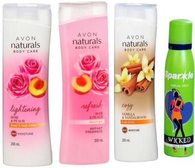 

Avon Anew Naturals Body Care Rose & Peach hand & body lotion (200 ml) & one Naturals Body care Rose & Peach Shower Gel (200 ml) & one vallina and sandalwood hand and body lotion 200 ml With one sparkle perfume spray 150 ml(Set of 4)