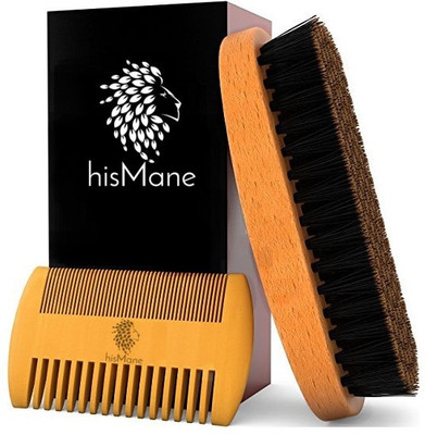 

hisMane Beard & Mustache Brush and Comb Kit - 100% Boar Bristle Beard Brush & Wooden Grooming Comb - Facial Hair Care Gift Set for Men - For Applying Beard Oil & Wax for Styling, Growth & Maintenance(Set of 2)