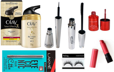 

Styling Eyelashes WIth Brooke Candy Eyeliner & Mascara And Eyeconic Kajal,Olay Total Effect 7 in one Anti-Ageing Cream 50 gm & Liptensity Lipstick With Lakme Nail polish(Set of 7)