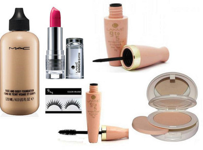 

9 to 5 Eyelashes with Mac face and body foundation & Mac lightful 2 way compact,Lakme eyeliner & mascara,Enrich stain lipstick(Set of 6)