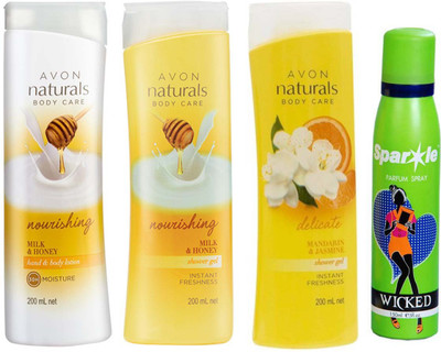 

Avon Anew Nourishing Milk And Honey Hand And Body Lotion (200 ml) & one Naturals Body Care Nourishing Milk & Honey Shower Gel (200 ml) & one Naturals mandarin & jasmine shower gel (200 ml) With one sparkle perfume spray 150 ml(Set of 4)