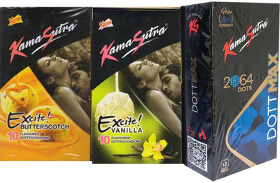 KamaSutra 2064 Dott Max 12S and Excite Butterscotch Vanilla Condom Condom(Set of 3, 32S)