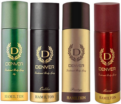 

Denver HAMILTON DEODORANT 165 ML+PRESTIGE DEODORANT 165 ML+CALIBER DEODORANT 165 ML+HONOUR DEODORANT 165 ML Body Spray - For Men & Women(165 ml, Pack of 4)