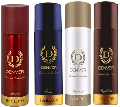 

Denver HONOUR DEODORANT 165 ML+IMPERIAL DEODORANT 165 ML+ROYAL OUD DEODORANT 165 ML+PRIDE DEODORANT 165 ML Deodorant Spray - For Men & Women(165 ml, Pack of 4)