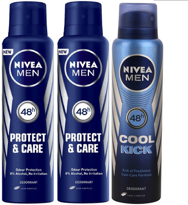 

Nivea Men Protect & Care Deodorant 150 Ml & Cool Kick Deodorant - Pack of 3 Body Spray - For Men(450 ml, Pack of 3)