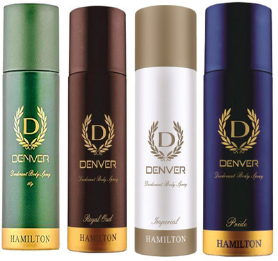 

Denver HAMILTON DEODORANT 165 ML+IMPERIAL DEODORANT 165 ML+ROYAL OUD DEODORANT 165 ML+PRIDE DEODORANT 165 ML Deodorant Spray - For Men & Women(165 ml, Pack of 4)