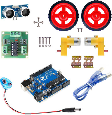 

Kit4Curious Arduino Robot DIY Kit- Arduino UNO, Cable, Ultrasonic sensor, Motor driver L293, BO Motor, Clamp, Wheel, 9v-DC Lead(Multicolor)