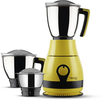 

Butterfly Present Pebble plus 600 W with Stylish & Shockproof ABS body, 3 Stainless steel Jars and 3-speed control knob with whip 600 W Juicer Mixer Grinder(Yellow, 3 Jars)