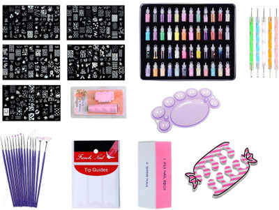 

Royalkart Mega Combo Kit Of Nail Art Tools  3D Nail Art Nail Stamping Image Plates, Double-sided Stamper & Metal Scraper,48pcs Glitter Bottle Set, 15pcs Nail Art Brush Set,5pcs Double-sided Dotting Tool, Nail Art Palette, Nail Buffer, Nail Strips & Nai