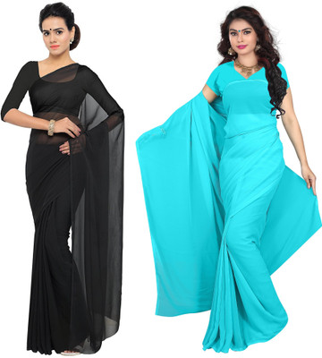 Sidhidata Solid/Plain Daily Wear Georgette Saree(Pack of 2, Light Blue, Black)