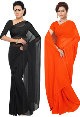 Sidhidata Solid/Plain Daily Wear Georgette Saree(Pack of 2, Black, Orange)