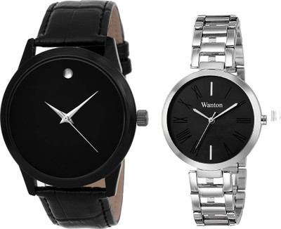

Wanton black steel strap profesional and stylish attractive dial watch with black slim movado pattern stylish watch combo couple watch Exclusive collection watches Watch - For Boys & Girls