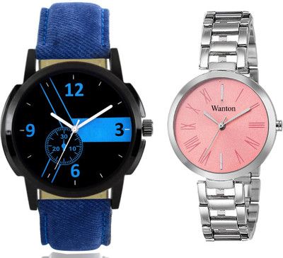 

Wanton blue stylish attractive design leather strap watch with pink profesional and beautiful dial steel belt watch combo for couple Exclusive collection watches Watch - For Boys & Girls