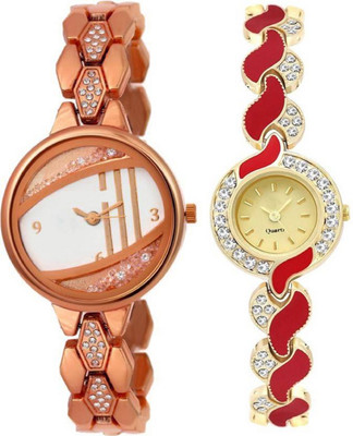 

TRUE KART Paris Style Red Metal Strap Diamond Studded Bracelet Watch - For Women
