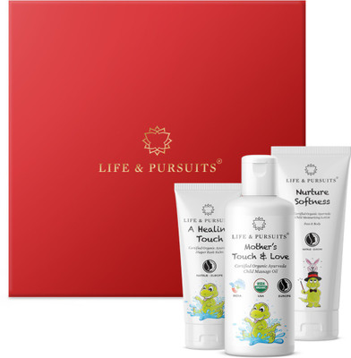 

Life & Pursuits Certified Organic Baby Care Gift Pack with Baby Oil, Baby Lotion, Diaper Balm (1 Gift Pack)(White)